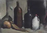 Svein Bolling, Oppstilling med flasker og frukt, Gouache på papir