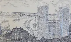 Per Krohg, Byggingen av Oslo Rådhus, Tusj og gouache, collage på papir, oppklebet på papp