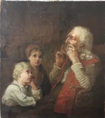 Bestefar spiller munnharpe by Knud Bergslien, 1874, Olje på lerret, sold Dec 2020