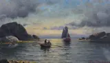 Lauritz Haaland, Seilbåt og robåt med fiskere, 1914, Olje på lerret