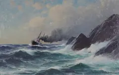 Lauritz Haaland, Dampbåt ved forreven kyst, 1900, Olje på lerret