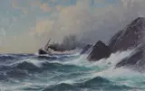 Lauritz Haaland, Dampbåt ved forreven kyst, 1900, Olje på lerret