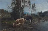 Anders Askevold, Kyr ved vanningssted, 1899, Olje på lerret