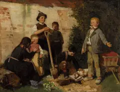 Jahn Ekenæs, En hundebegravelse, 1876, Olje på mahogniplate