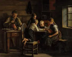 Jahn Ekenæs, Lesestund i en bondestue, 1880, Olje på lerret