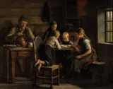 Jahn Ekenæs, Lesestund i en bondestue, 1880, Olje på lerret