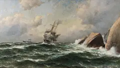 Lauritz Haaland, Seilskute og dampbåt ved forreven kyst, 1912, Olje på lerret
