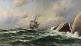 Lauritz Haaland, Seilskute og dampbåt ved forreven kyst, 1912, Olje på lerret