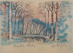 Bendik Riis, Bjerketrær, God Jul, 1948-49, Blandingsteknikk på papir
