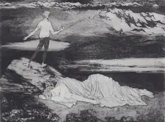 Sigurd Winge, Ridder uten frykt og daddel, 1957, Radering, lysmål