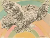 Colombe Volant (Flyvende due) by Pablo Picasso, Litografi trykket i flere farger på middels tykt gulhvitt papir, sold Jun 2020