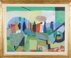Thore Heramb, Utenfor Tourrettes sur Loup, Alpes-Maritimes, 1952, Gouache på papir, oppklebet til papp