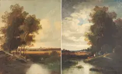 Léon-Victor Dupré, Scènes animées près d'une rivière (X2), deux huiles sur toiles