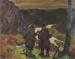 Albert Raty, Deux chasseurs et leur chien au Hérou, huile sur toile