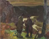 Albert Raty, Deux chasseurs et leur chien au Hérou, huile sur toile