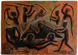 Mwenze Kibwanga, Scène de chasse, 1958, huile sur carton