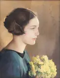 Firmin Baes, Profil de jeune fille au bouquet d'immortelles, pastel