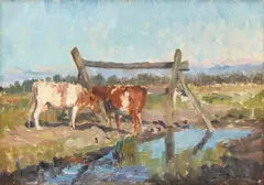 Géo Bernier, Vaches près d'une rivière, huile sur toile