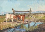 Géo Bernier, Vaches près d'une rivière, huile sur toile