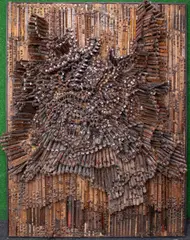 André Bogaert, Relief et bois, technique mixte, étiquette d'exposition au dos