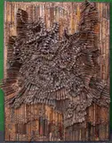 André Bogaert, Relief et bois, technique mixte, étiquette d'exposition au dos