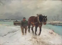 Henry Schouten, Paysan et son cheval dans la neige, huile sur toile