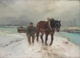 Henry Schouten, Paysan et son cheval dans la neige, huile sur toile