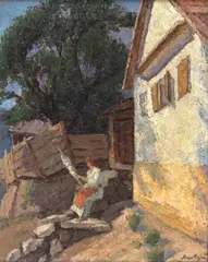 Paul Scortesco, Fileuse au soleil, huile sur toile