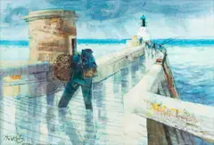 Michel King, Les pécheurs à la jetée, huile sur toile