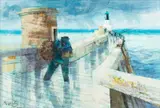 Michel King, Les pécheurs à la jetée, huile sur toile