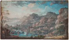 Pierre-Antoine Patel, Paysage de montagne animé, Gouache sur vélin tendu sur panneau