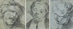 Jan Anton Garemyn, Trois têtes d'expression : homme au clin d’œil/homme aux yeux bandés/homme hurlant au turban, Pierre noire sur papier bleu. Un est daté en haut à droite et l’autre en haut à gauche