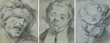 Jan Anton Garemyn, Trois têtes d'expression : homme au clin d’œil/homme aux yeux bandés/homme hurlant au turban, Pierre noire sur papier bleu. Un est daté en haut à droite et l’autre en haut à gauche