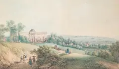 Ferdinand Runk, Vue du Château de Laeken (Schonenberg) et de Bruxelles, vers 1785-90, encre et aquarelle