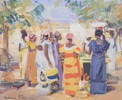 Marcel Pire, Scène de marché, Congo, huile sur isorel