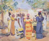 Marcel Pire, Scène de marché, Congo, huile sur isorel