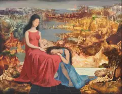 Marcel Delmotte, Deux femmes et un enfant, 1976, huile sur isorel