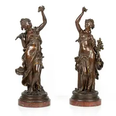 Auguste Moreau, Le printemps et l'automne, paire de sculptures en bronze à patine brune
