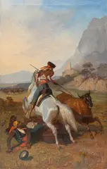 Eugène Louis Ginain, La chasse au taureau, 1855, huile sur toile