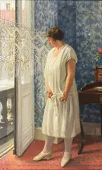 Jef Leempoels, A la fenêtre, huile sur toile signé en bas à droite, contresigné et titré au dos