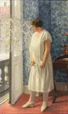Jef Leempoels, A la fenêtre, huile sur toile signé en bas à droite, contresigné et titré au dos