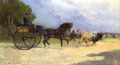 Moritz Ledeli, Calèche et taureau, Huile sur craton