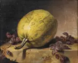 Hubert Bellis, Nature morte à la courge et aux grappes de raisin, huile sur panneau