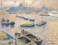 Willy Menz, Istanbul, le Bosphore, 1966, encre et aquarelle