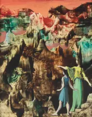 Marcel Delmotte, Personnages dans un paysage onirique, 1956, huile sur isorel