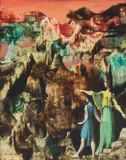 Marcel Delmotte, Personnages dans un paysage onirique, 1956, huile sur isorel