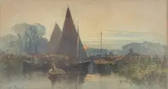 Bateaux sur un canal au coucher du soleil by Sir Francis Powell, aquarelle, sold Jun 2024