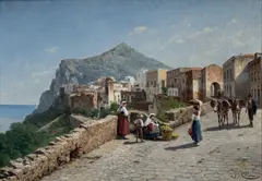 Jacques Carabain, Vue de ruelle animée en Ligurie, huile sur toile