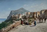 Jacques Carabain, Vue de ruelle animée en Ligurie, huile sur toile