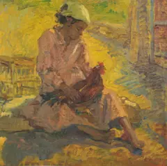 Youssef Kamel, Jeune fille et son coq, huile sur panneau